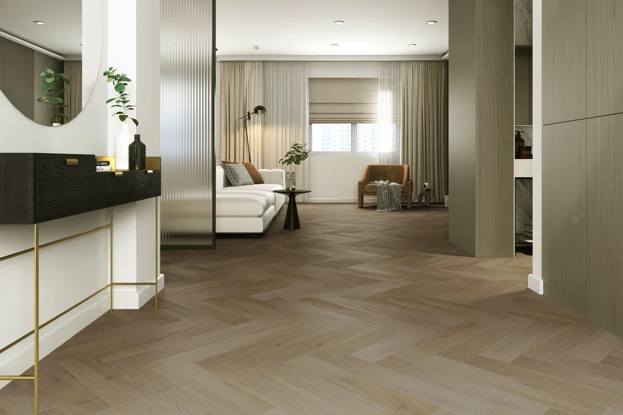 Кварцвиниловый SPC ламинат Home Expert Parquet Дуб Ливингстон 33-3009 венгерская елка 615×123×3,5 фото в интерьере